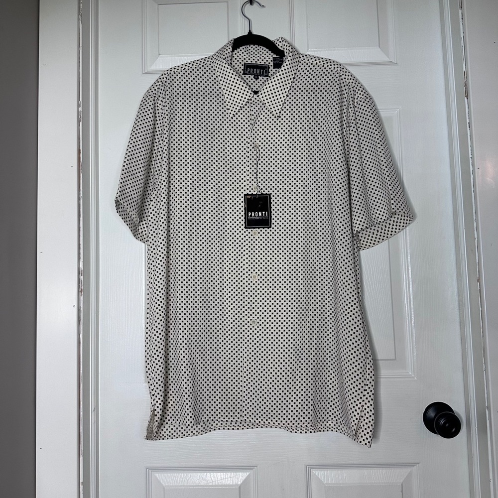 Pronti Mens XL Short Sleeve Geometric Square Print Button Down Shirt White Black